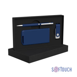 Набор ручка + флеш-карта 16Гб + зарядное устройство 4000 mAh в футляре, soft touch, темно-синий