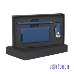 Набор ручка + флеш-карта 16Гб + зарядное устройство 4000 mAh в футляре покрытие soft touch, темно-синий