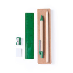 Набор GABON из 5 предметов в картонной коробке зеленый - ручка,карандаш,точилка,ластик, линейка (зеленый, бежевый)