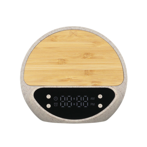 Настольные часы "Smiley" с беспроводным (10W) зарядным устройством и будильником, пшеница/бамбук/пластик, бежевый