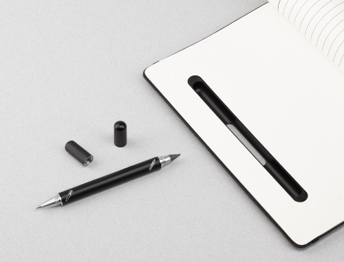 Блокнот с ручкой и вечным карандашом в пенале, с подставкой под смартфон, черный