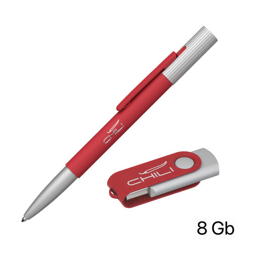 Набор ручка "Clas" + флеш-карта "Vostok" 8 Гб в футляре, покрытие soft touch, красный