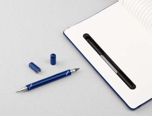 Блокнот с ручкой и вечным карандашом в пенале, с подставкой под смартфон, темно-синий