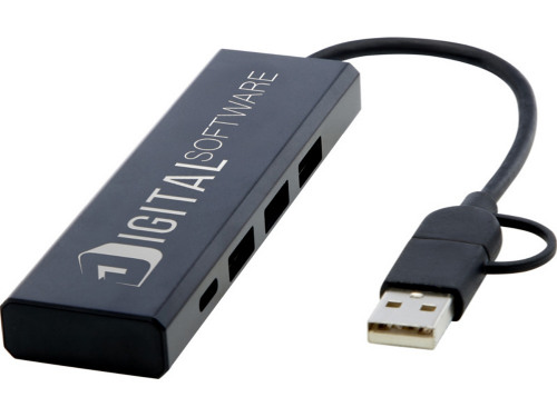 Концентратор USB 2.0 Rise из переработанного алюминия, сертифицированного по стандарту RCS - сплошной черный