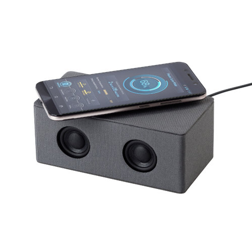 Bluetooth колонка "Cool Gray" с двумя динамиками (2х3Вт) и беспроводным зарядным устройством, переработанный пластик (RPET), серый