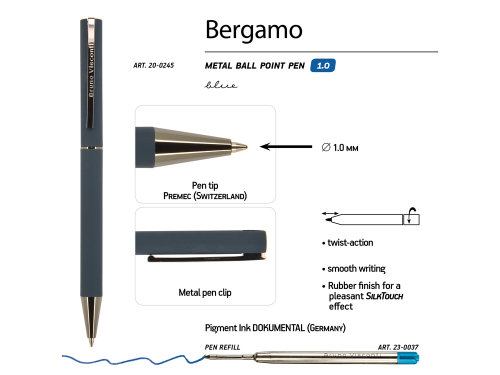 Ручка Bergamo шариковая автоматическая, синий металлический корпус, 1.0 мм, синяя