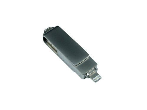 USB-флешка на 128 Гб, интерфейс USB3.0, поворотный механизм,c дополнительными разъемами для I-phone Lightning и Micro USB,  полностью металлический корпус, серебро