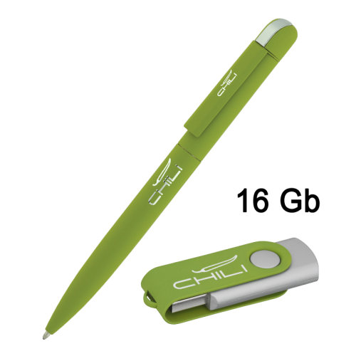 Набор ручка "Jupiter" + флеш-карта "Vostok" 16 Гб в футляре, покрытие soft touch, зеленое яблоко