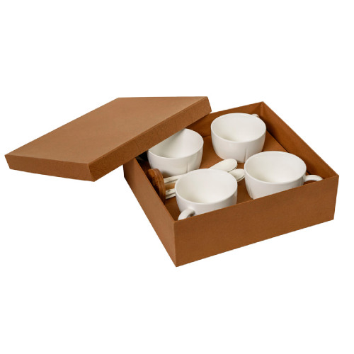 Набор "Ксю":чайная пара (4шт) и чайная ложка (4шт) с подставкой в подарочной упаковке (коричневый, белый)