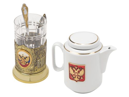 Чайный набор с подстаканником и фарфоровым чайником ЭГОИСТ-Л, золотистый/белый