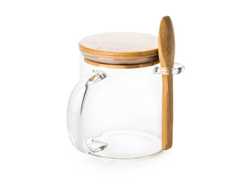 Кружка стеклянная с крышкой и ложкой из бамбука, 420 мл, прозрачный/натуральный