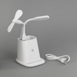 Карандашница "Smart Stand" с беспроводным зарядным устройством, вентилятором и лампой (2USB разъёма), белый